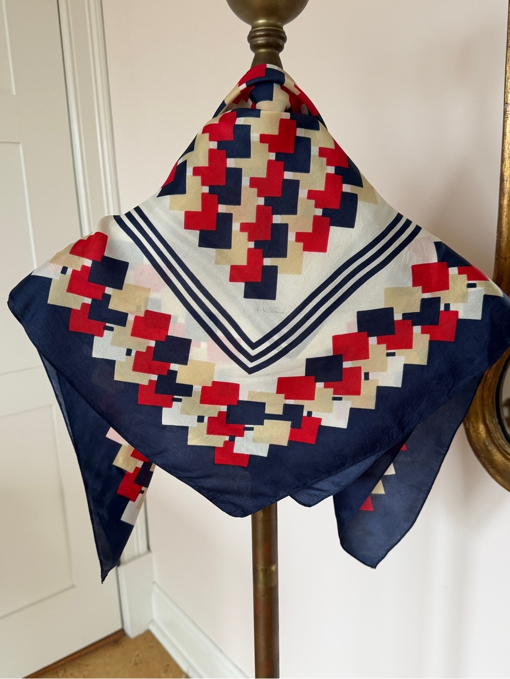 Vintage Mod Red White Blue & Beige Silk Scarf